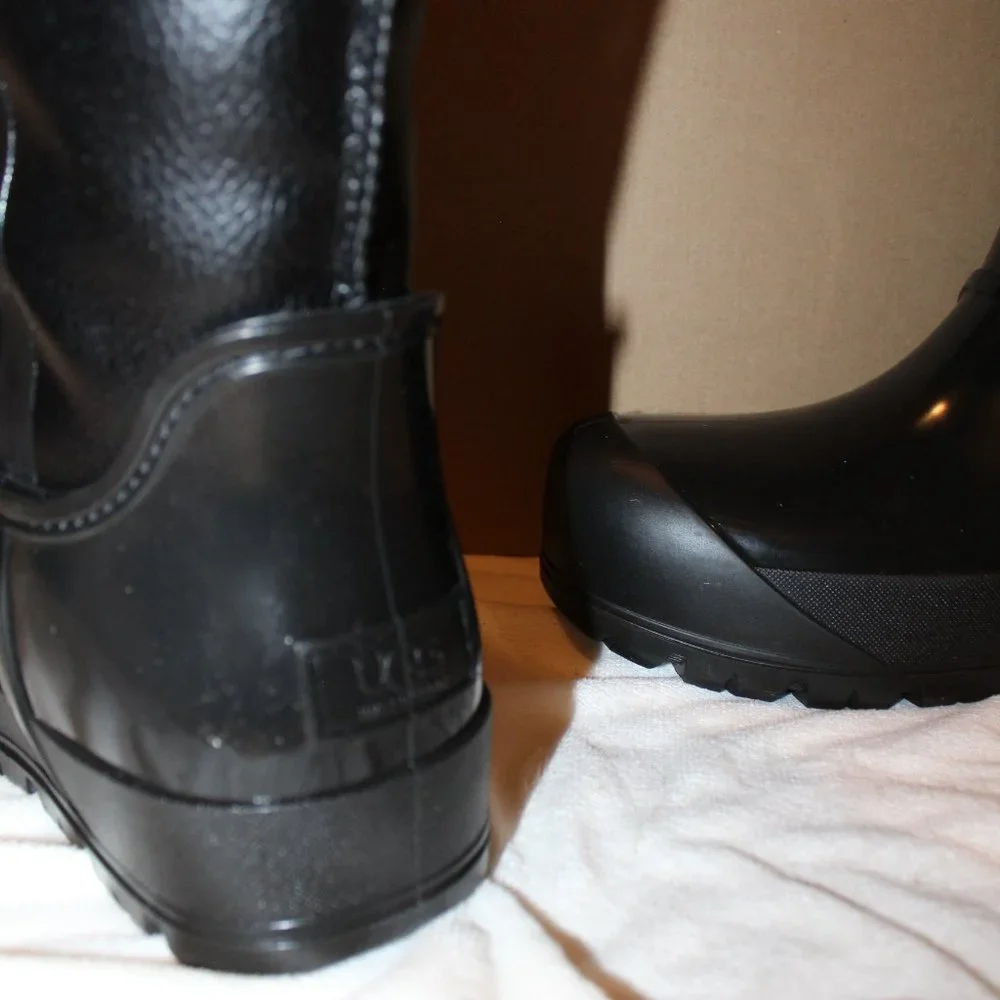 NIB UGG RAINCLOUD TALL LEATHER SHEARLING LINED‎ WINTER RAIN BOOTS BLACK - Picture 6 of 7